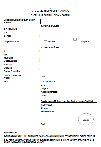 YSK ENGELLİLİK BEYAN FORMU